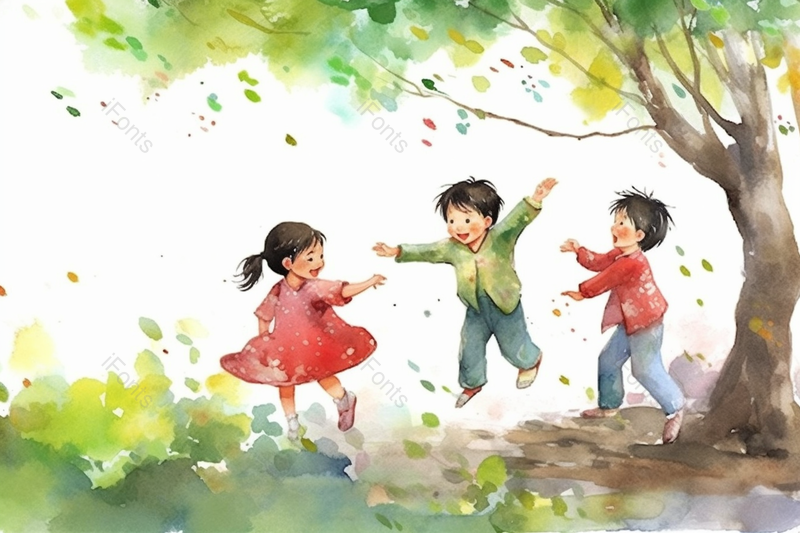 三位小朋友大树下玩游戏场景图,插画/手绘图,插画/手绘图库,插画/手绘图下载,插画/手绘